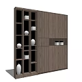 Modern Decorative Cabinet With Wooden Texture Open Shelves And White Vases