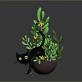 Cute Black Cat In Flower Pot With Green Plants Yellow Flowers And White Base