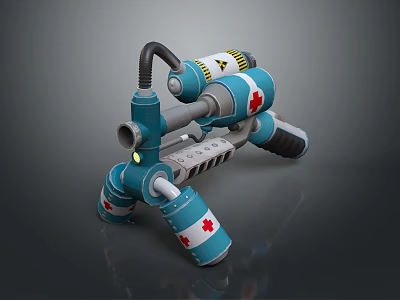 Blue And Red Cross Themed Weapon With Piped Structure Yellow Warning Signs And Grip Handle 3d model