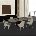 Elegant Modern Dining Table Set With Marble Top Upholstered Beige Chairs Fireplace And Large Windows