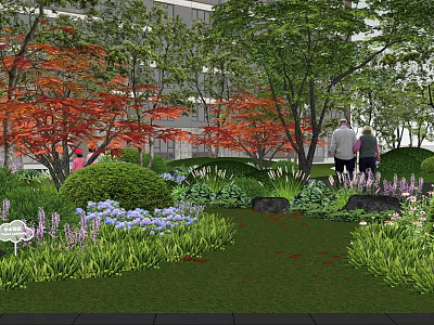 Ground Cover Plants In Urban Garden With Colorful Trees Lush Shrubs And Walking Path 3d model