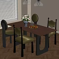 Elegant Dining Room Interior With Wooden Table Green Chairs Flower Vase And Pendant Lights