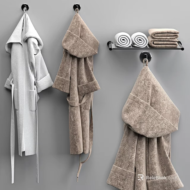 Bathroom Essentials Soft Gray Brown Bathrobes With Towels On Rack 3d model 