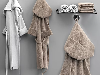 Bathroom Essentials Soft Gray Brown Bathrobes With Towels On Rack 3d model