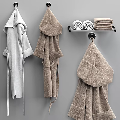Bathroom Essentials Soft Gray Brown Bathrobes With Towels On Rack 3d model