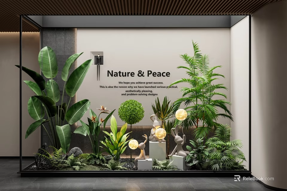 Indoor Landscape Featuring Nature & Peace Sign With Various Green Plants And Decorative Ornaments 3d model 