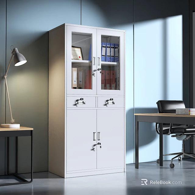 White Office Bookcase with Glass Doors Storing Folders and Books Alongside Desk Lamp and Chair 3d model 