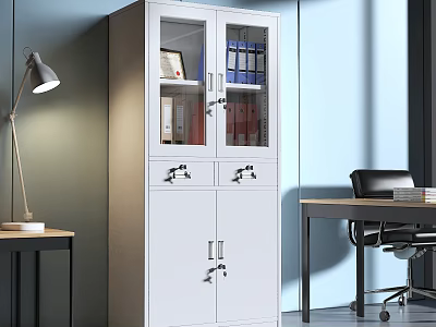 White Office Bookcase with Glass Doors Storing Folders and Books Alongside Desk Lamp and Chair 3d model