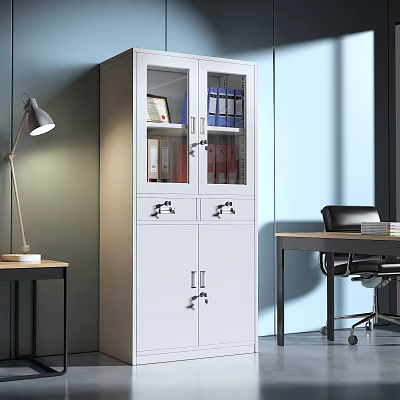 White Office Bookcase with Glass Doors Storing Folders and Books Alongside Desk Lamp and Chair 3d model