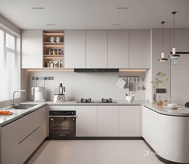 Modern Kitchen Interior With White Cabinets Oven Countertop Hanging Lights And Window 3d model 