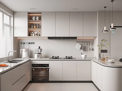 Modern Kitchen Interior With White Cabinets Oven Countertop Hanging Lights And Window 3d model