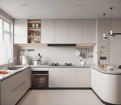 Modern Kitchen Interior With White Cabinets Oven Countertop Hanging Lights And Window 3d model