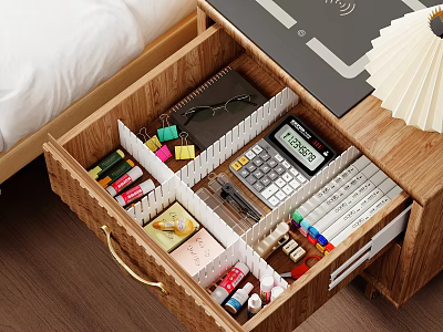 Wooden Console Side Cabinet Drawer With Divided Compartments Holding Calculator Notebook Colored Pens 3d model