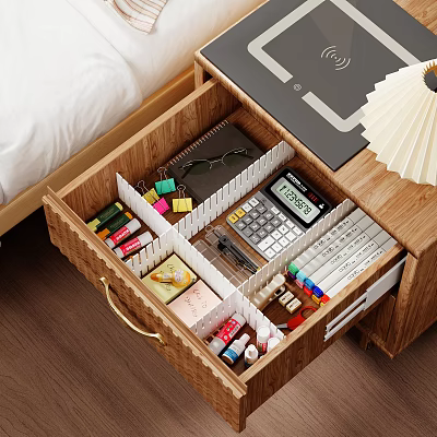 Wooden Console Side Cabinet Drawer With Divided Compartments Holding Calculator Notebook Colored Pens 3d model