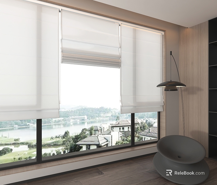 Modern Room With Roman Shades And Scenic Window View 3d model 