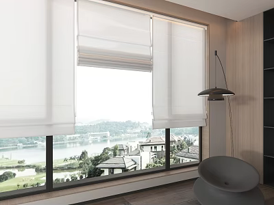 Modern Room With Roman Shades And Scenic Window View 3d model