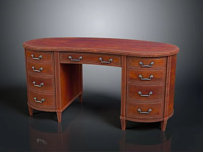 Traditional Wooden Desk With Curved Top Multiple Drawers Metal Handles And Sturdy Legs 3d model