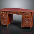 Traditional Wooden Desk With Curved Top Multiple Drawers Metal Handles And Sturdy Legs