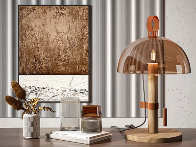 Modern Table Lamp With Wooden Base Glass Shade And Decorative Books Vase On Desk 3d model