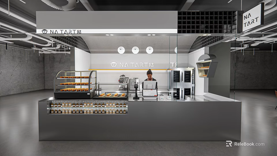 Modern Café Interior With Open Bar Counter Pastry Display Shelves And Staff Working 3d model 