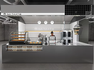 Modern Café Interior With Open Bar Counter Pastry Display Shelves And Staff Working 3d model