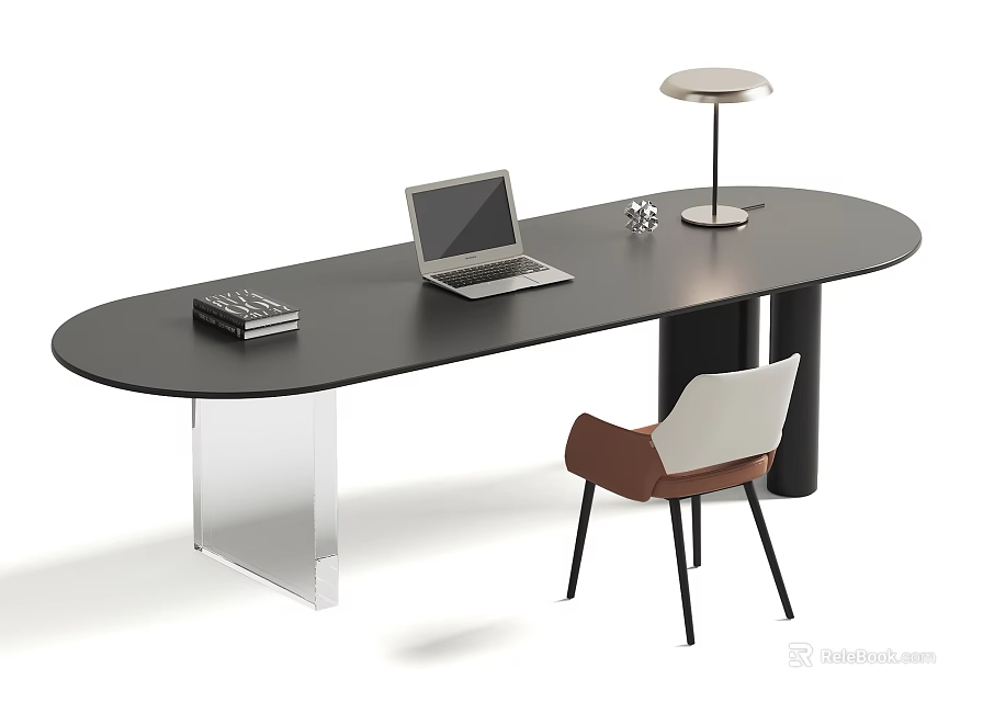 Modern Desk Chair Set With Black Oval Tabletop Metal Legs Laptop Books And Table Lamp 3d model 