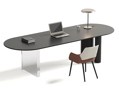 Modern Desk Chair Set With Black Oval Tabletop Metal Legs Laptop Books And Table Lamp 3d model