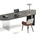 Modern Desk Chair Set With Black Oval Tabletop Metal Legs Laptop Books And Table Lamp