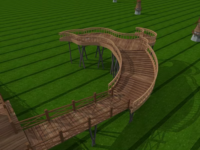 Curved Wooden Walkway Structure In Grassy Area With Railings And Support Pillars 3d model