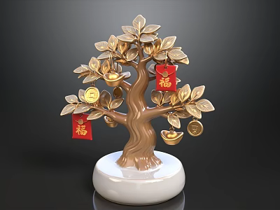 Golden Money Tree Decorative Ornament With Red Fu Tags Gold Coins And White Base 3d model