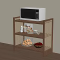 Wooden Kitchen Storage Shelf With Microwave Mugs Dishes Bread Basket And Fruits
