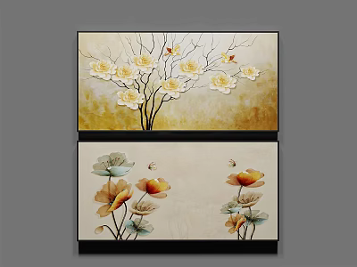 Plant Paintings Two Floral Artworks With White Yellow Flowers And Decorative Wall Decor 3d model