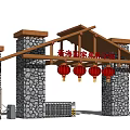 Xinhai National Forest Park Entrance Gate With Stone Structure Wooden Frame And Red Lanterns