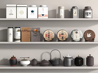 Traditional Teaware Collection With Tea Canisters And Cakes On Display Shelves 3d model