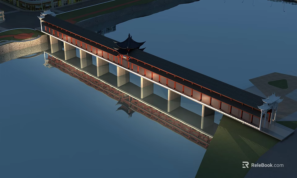 Scenic Traditional Covered Bridge With Pagoda Structure Over Calm Water Reflection 3d model 