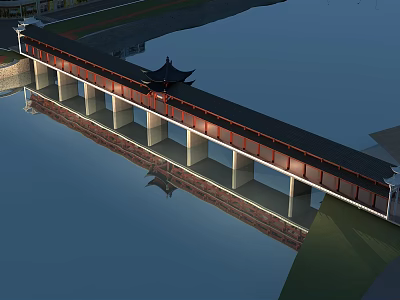 Scenic Traditional Covered Bridge With Pagoda Structure Over Calm Water Reflection 3d model