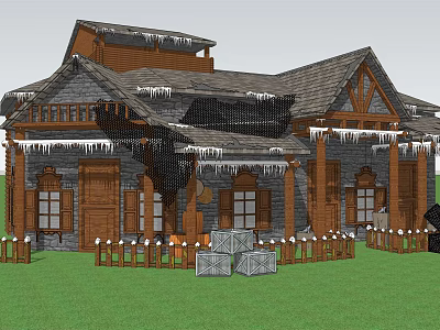 Traditional House Exterior Wooden Stone Structure Gabled Roof Icicles Grass Lawn Fence And Crates 3d model