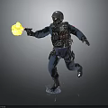 Armored Soldier Wearing Protective Gear Running With Flamethrower Fire And Water Splash