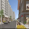 Modern Commercial Street With High Rise Buildings Shops Cars Outdoor Seating And Greenery