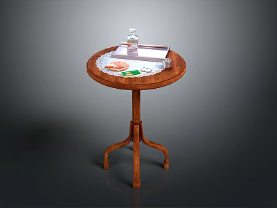 Daily Necessities Arranged On Wooden Round Side Table With Tray And Small Bottle 3d model