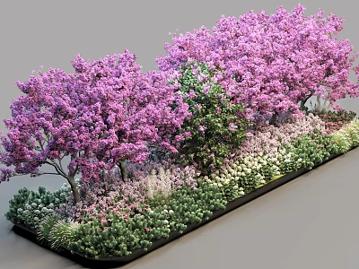 Purple Flowering Arbor Trees With Green Shrubs And White Blooms In Garden Landscape 3d model