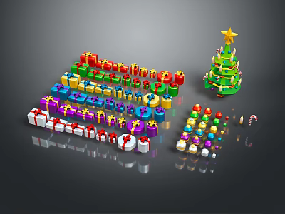 Christmas Themed Decorative Ornament Set With Tree Gift Boxes And Colorful Balls 3d model