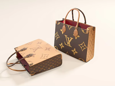 Stylish Monogram Print Designer Handbags With Leather Handles Brown And Beige Exterior Red Interior Details 3d model