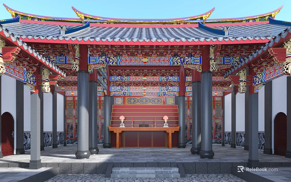 Ancient Chinese Architecture Interior Hall Featuring Ornate Columns Red Lanterns Colorful Carvings And Altar Table 3d model 