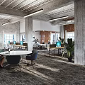 Modern Public Office Space with Open Layout Green Plants Sofa Seating and Pendant Lights