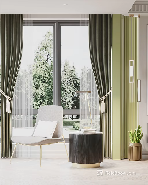Dark Green Window Curtains With Sheer Panels And Trees View Indoors 3d model 