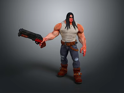 Long Black Haired Muscular Character Holding Large Gun In White Tank Top And Ripped Jeans 3d model