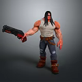 Long Black Haired Muscular Character Holding Large Gun In White Tank Top And Ripped Jeans
