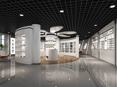 Optical Showroom Interior Design With White Display Cabinets Central Round Platform Black Grid Ceiling Sleek Floor 3d model