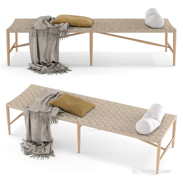 Sofa Bench With Wooden Frame Woven Seat Gray Blanket Beige Pillow And Rolled White Cushion 3d model 